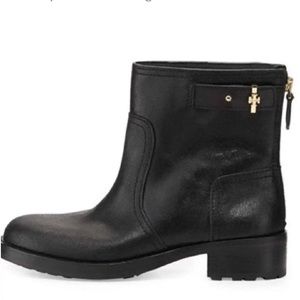 TORY BURCH SELENA
BLACK DISTRESSED
LEATHER REVA MOTO ZIP
ANKLE BOOTS size 8